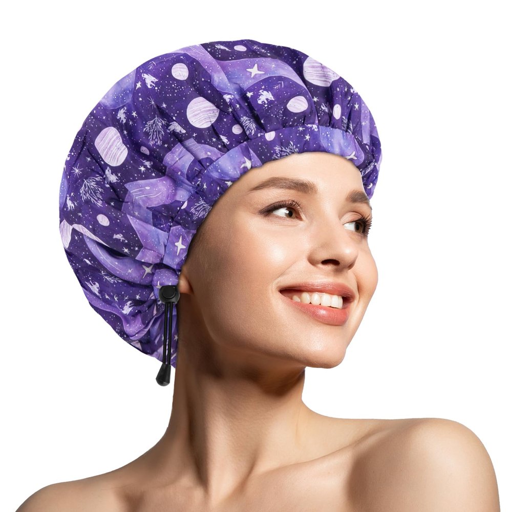 1 PCS Shower Cap, Double Layer & Adjustable Bathing Cap for Shower, Extra Large Reusable Hair Cap for Women, Waterproof Exterior & EVA Lining, Oversized Design for All Hair Lengths/Style