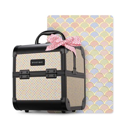 BYOOTIQUE Makeup Train Case with Mirror Cosmetic Box Organizer Art Deco Pastel