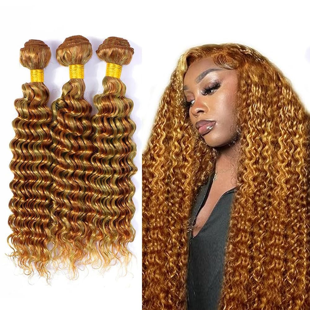 12 14 16 inch Color 27 Human Hair Bundles Honey Blonde Bundles P27/30 Deep Wave Bundles Brazilian Unprocessed Virgin Hair 3 Bundles Color 30 Deep Wave Bundles Hair Weave