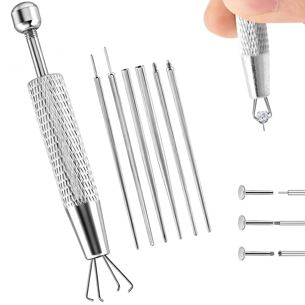 FuGuiHui 7PCS Piercing Ball Grabber Tool Kit for Changing Jewelry,14G - 18G Stainless Steel Flat Back Earrings Applicator & Threadless Insertion Pin Thread Body Piercing for Ear Nose Lip