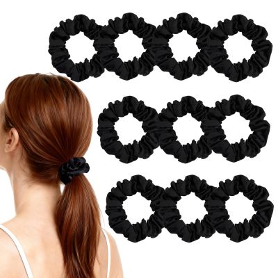 10 Pieces Black Color Small Scrunchies, Soft Satin Scrunchies for Sleep Hair Ties for Women and Girls Accessories (Black)