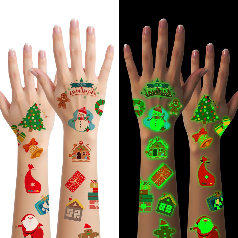 210Pcs Luminous Christmas Temporary Tattoos for Kids, 20Sheets Christmas Glow in The Dark Fake Stocking Stuffers Tattoo Stickers for Kids Boys Girls Gifts Crafts Party Decorations Favors Supplies