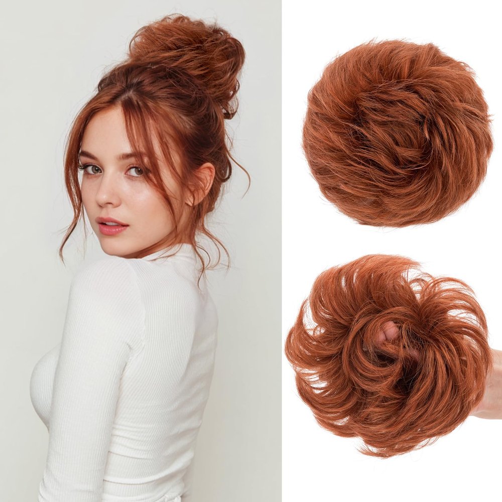 SLEEKALON Human Hair Messy Bun Hair Piece Real Scrunchies Layered Fluffy Wavy Curly Dark Auburn Hair Bun Ponytail Extensions for Women Girls-30g,#33