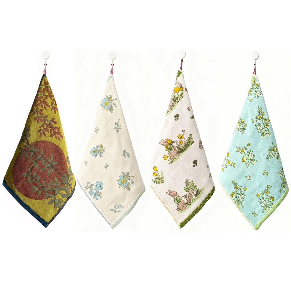 Kitchen Towels Cotton face Towels Reusable Bathroom Hand Towels with Hanging Loops Thin washcloths Quick Dry Towels Set Soft washcloths for face Double-Faced Jacquard 4ply cotton gauze,4PC,13.4"x15.7"