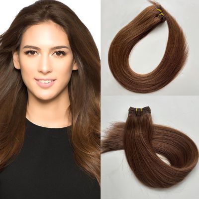 Fenicy Weft Real Human Hair Extensions Color 6 Chocolate Brown Sew in Double Wefts Weaves Premium Remy Silky Straight Hair Walnut Brown 22inch 100g