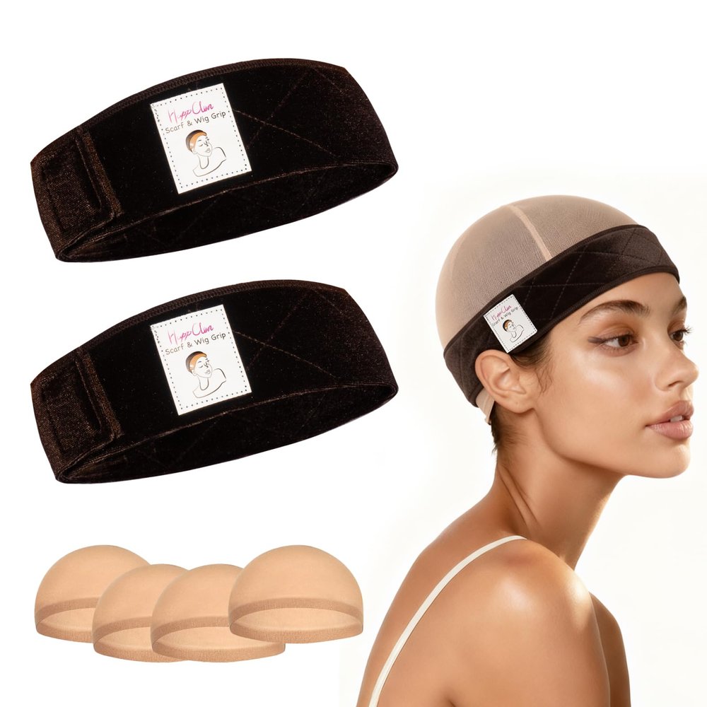 HappClan 2 Pack Velvet Wig Grip Band with 4 Caps, Adjustable No Slip Headband for Keeping Hairpieces in Place, Soft Breathable Hook and Loop Strap for Beginners (Dark Brown)