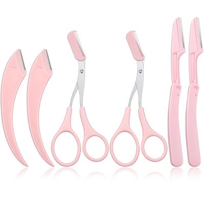 Elegaperma 6Pcs Eye Brow Scissors,Brow Trimmer with Come,Eyebrow Razor,Pink
