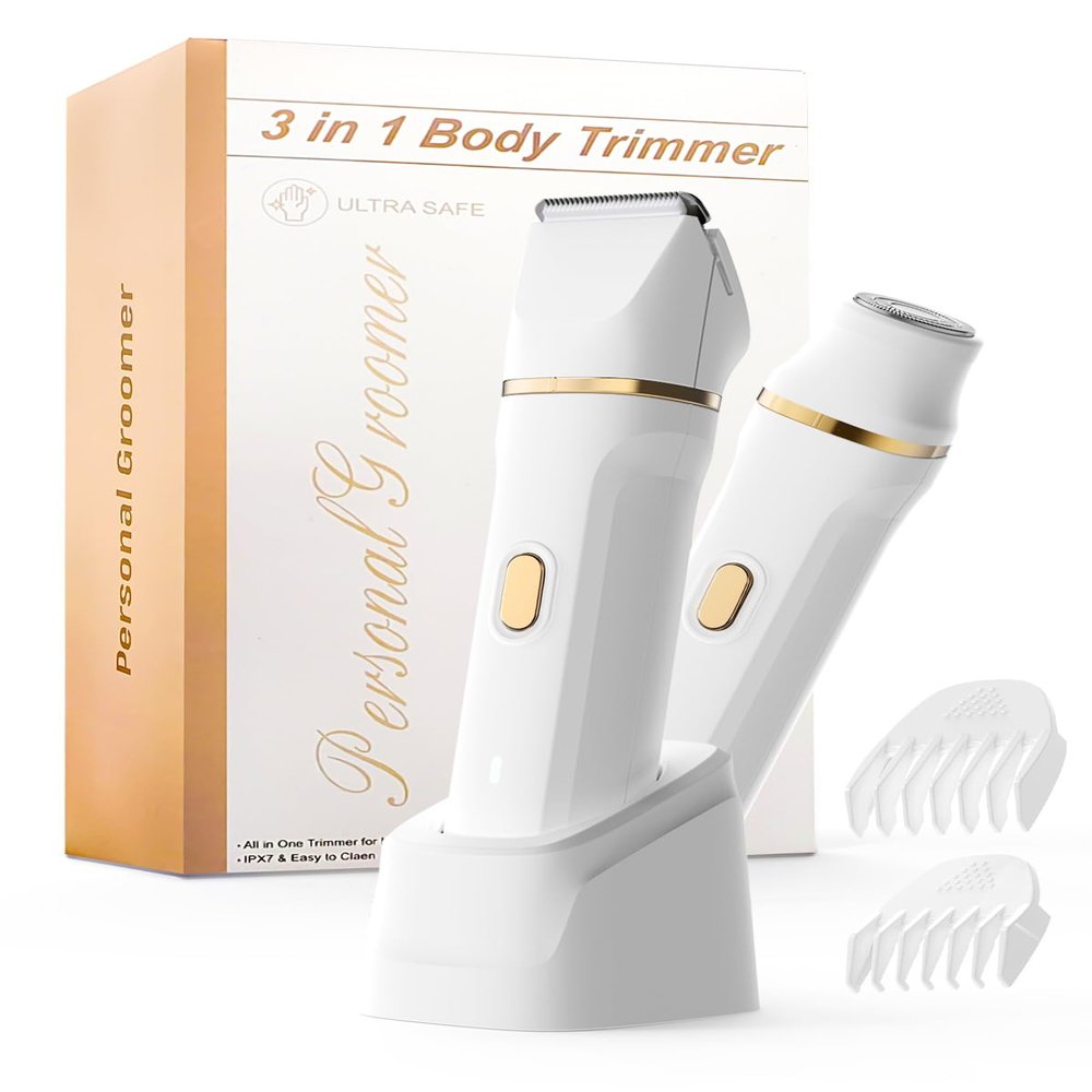 Bikini Trimmer for Women Painless, IPX7 Waterproof Rechargeable Electric Shaver Razors for Women, Pubic Hair Trimmer, Facial Hair Removal Cordless Ceramic Blade, Charge Dock, Gifts