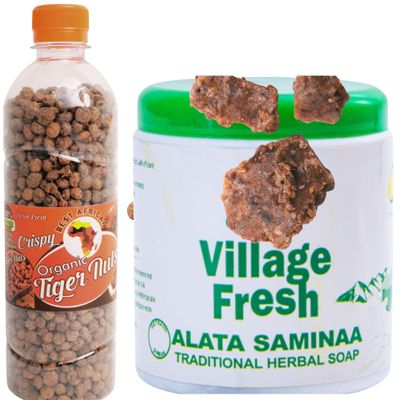 African Delights African Wellness Bundle (2 Pack) Herbal Black Soap Bar and Organic Tiger Nuts Snack for Natural Beauty and Nutrition