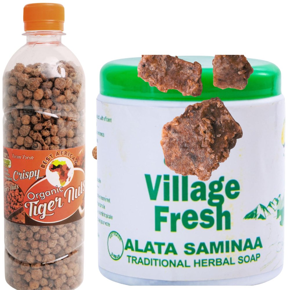African Delights African Wellness Bundle (2 Pack) Herbal Black Soap Bar and Organic Tiger Nuts Snack for Natural Beauty and Nutrition
