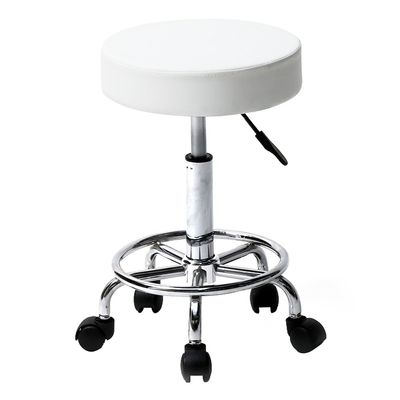 Adjustable Round Rolling Stool with Wheels, PU Leather Swivel Seat for Spa, Salon, Tattoo, Home Office - Ergonomic Height Adjustable White Stool