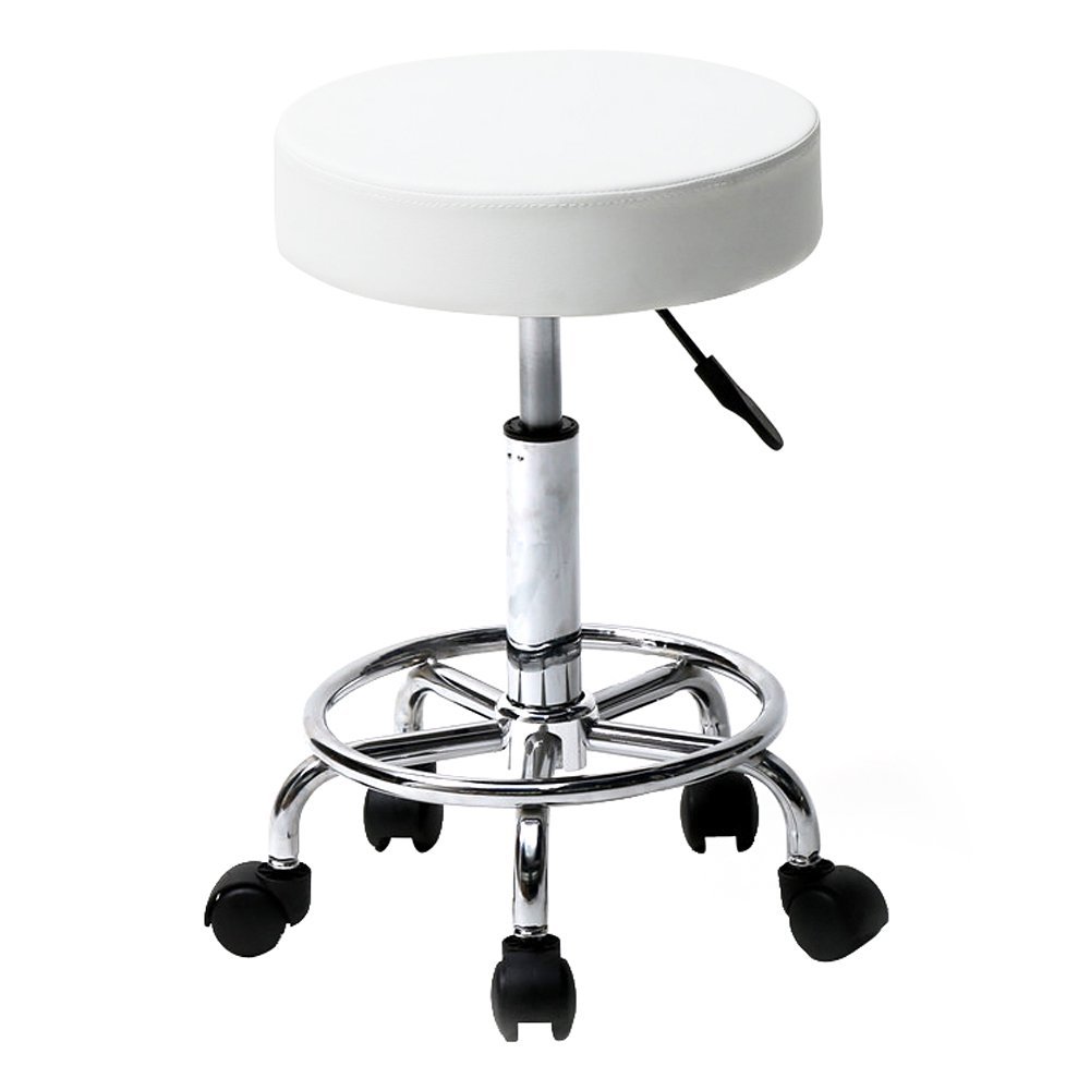 Adjustable Round Rolling Stool with Wheels, PU Leather Swivel Seat for Spa, Salon, Tattoo, Home Office - Ergonomic Height Adjustable White Stool