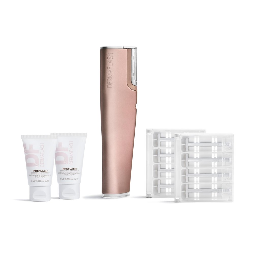 DERMAFLASH LUXE+ Sonic Dermaplaning Tool for Face Peach Fuzz Removal, Anti-Aging and Exfoliation, NEW Limited-Edition Rose Gold with Bonus FREE Refill Kit