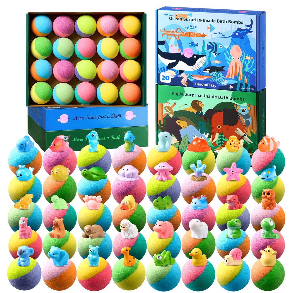 40 Kids Bath Bombs with Surprise Inside, Ocean & Jungle Animal Toys Gift Set with Natural Child-Safe Ingredients, Travel-Friendly Bath Bombs for Boys and Girls, Great for Birthdays, Christmas & Easter
