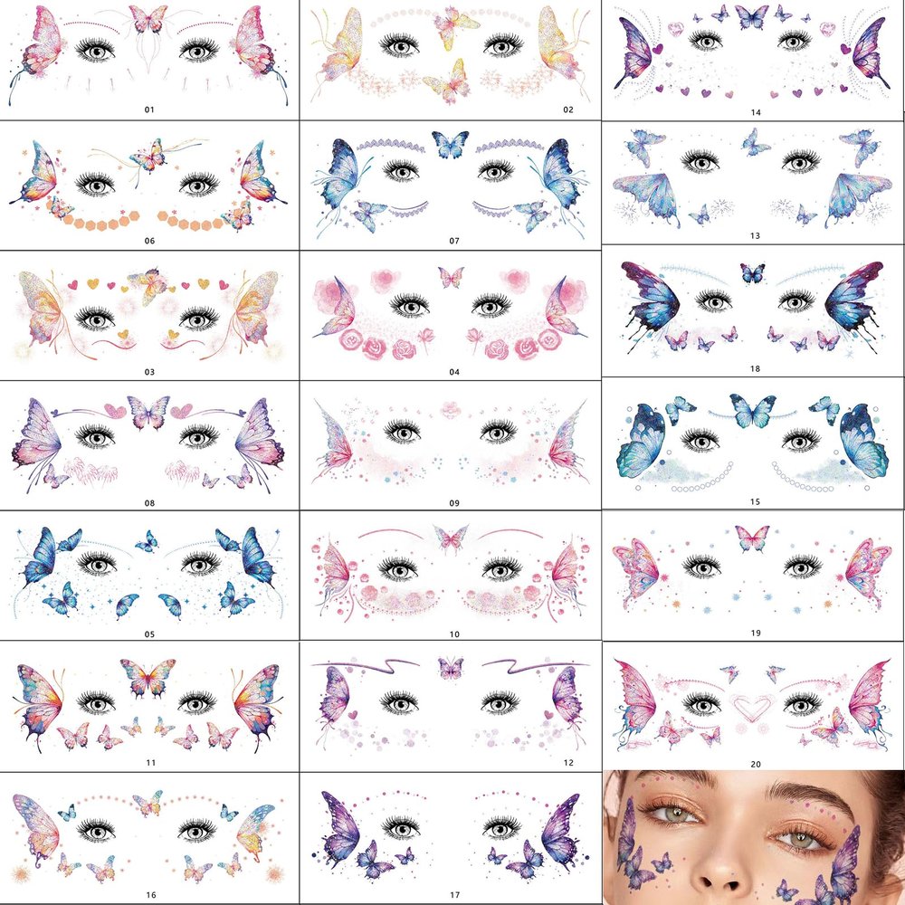 20 Sheets Glitter Fairy Makeup Tattoo Kit,Fairy Face Gems & Butterfly Temporary Tattoos for Eyes,Princess Rave Party for Womens,Costume,Butterfly Costume
