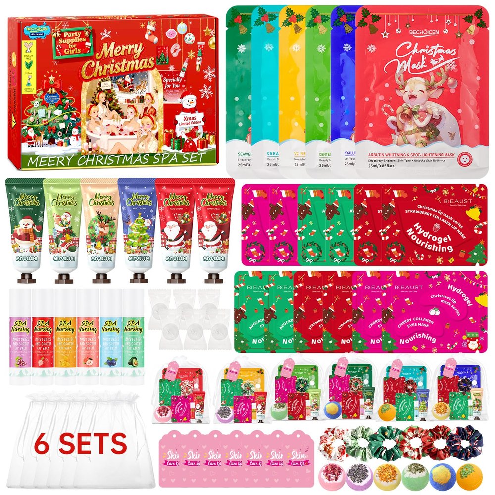 60Pcs Christmas Spa Party Supplies Set  6 Spa Day Kits with Face/Lip/Eye/Hand/Foot Care,Festive Spa Gift Set for Sleepovers,Holiday Parties,Slumber Party & Secret Santa Gifts,All Skin Types Safe