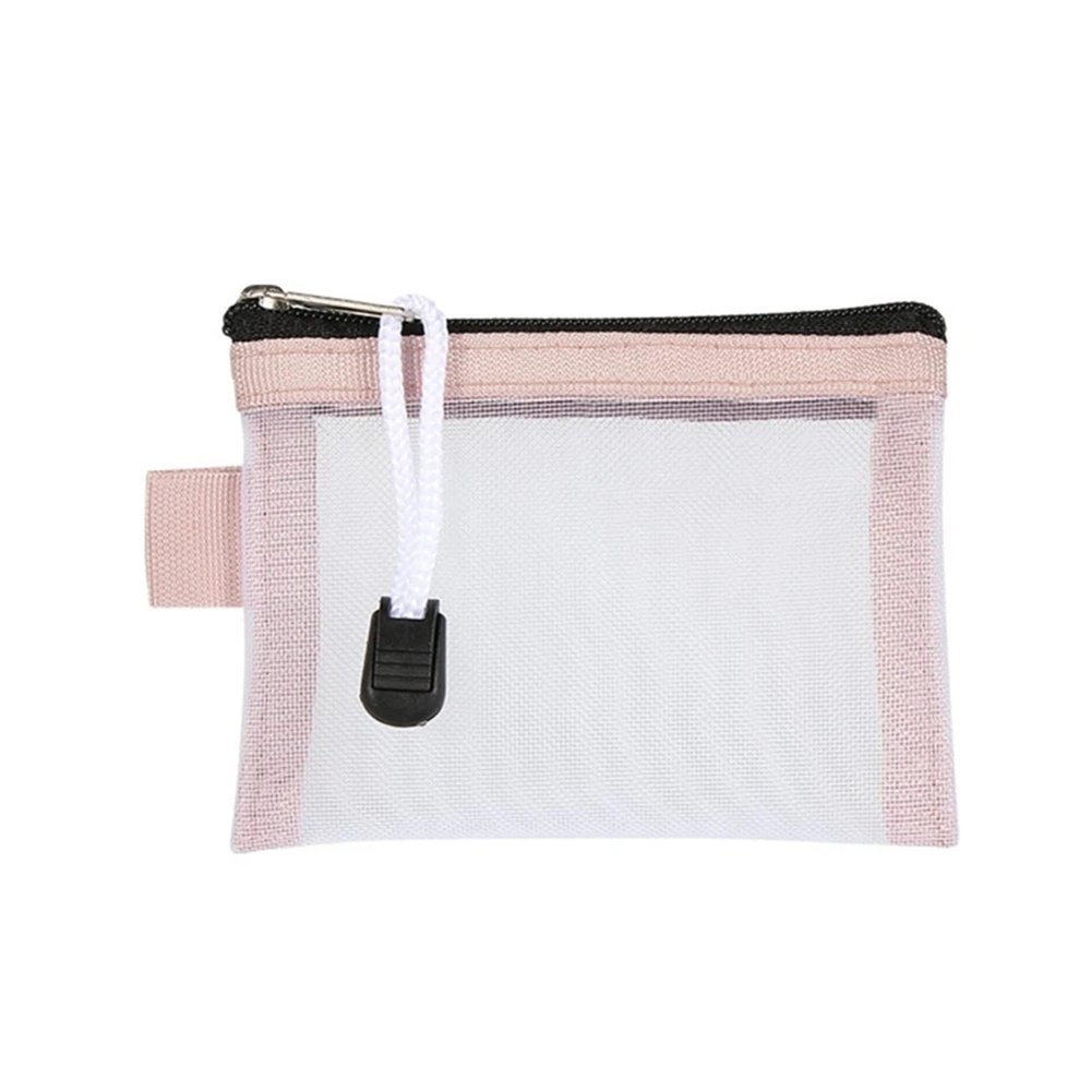 15pcs Small Cosmetic Bag Mini Transparent Mesh ID Card Holder Bank Card Zipper Coin Pocket Travel File Bag Storage Organizer(Pink)