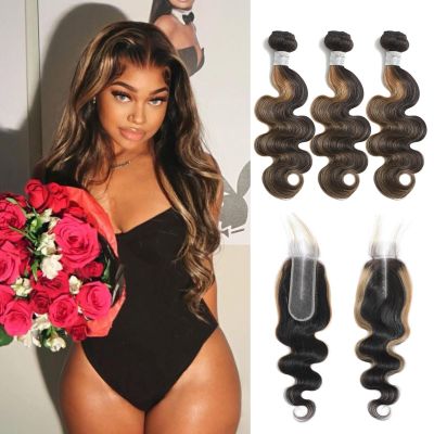 Honey Blonde Highlights Body Wave 3 Bundles with 2x6 HD Lace Closure Human Hair Ombre Balayage 1b/27 Color, Sew In Weave 12A Brazilian Virgin Remy Hair 18 20 22+16 Inch