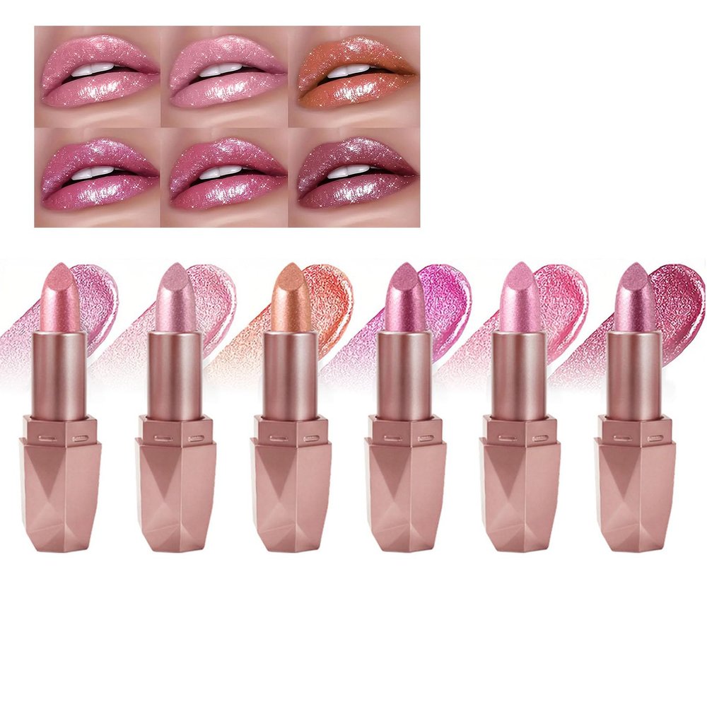 6 Pcs Metallic Glitter Lipstick for Women, Long Lasting Shimmer Lipstick Set, Nude Pink, Dark Rose, High Pigment, Long Lasting, Hydrating, Non-Stick, Non-Feather, Lip Stick Kit for Women & Girls