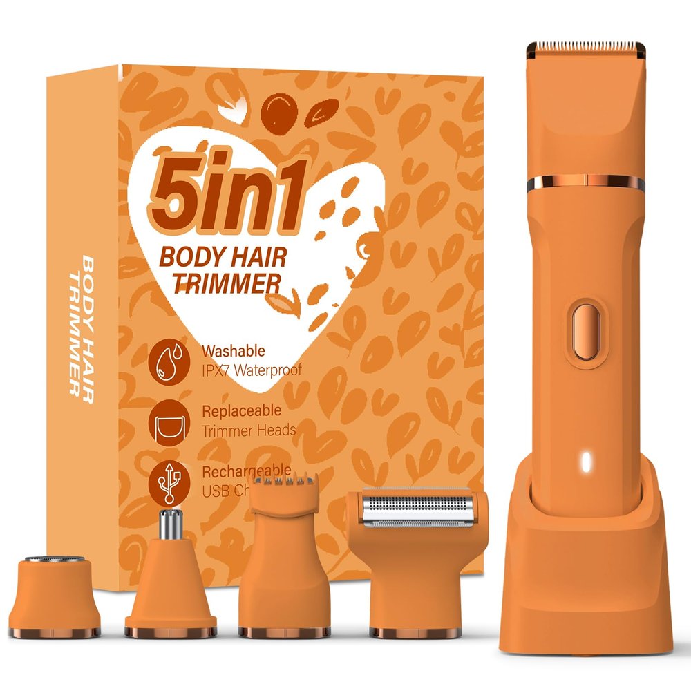 HOHOLE 5-in-1 Bikini Trimmer for Women, IPX7 Waterproof Electric Razors Shaver, Cordless Body Hair Trimmer, Facial & Pubic Hair Removal, Ceramic Blade (Pure Orange)