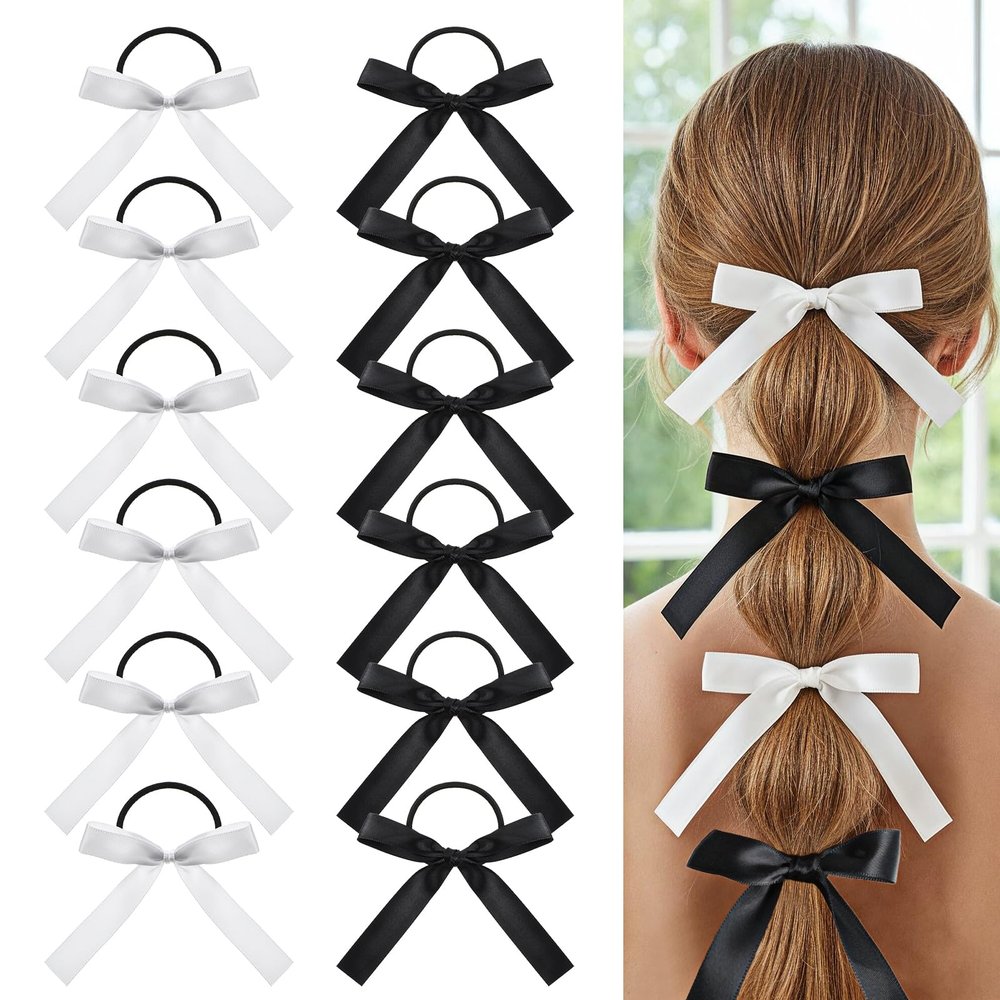 12PCS Silky Satin Hair Bows Ties Elegant Bowknot Ribbon Accessories Ponytail Holders Cute Elastics Hair Bands for Women, Girls