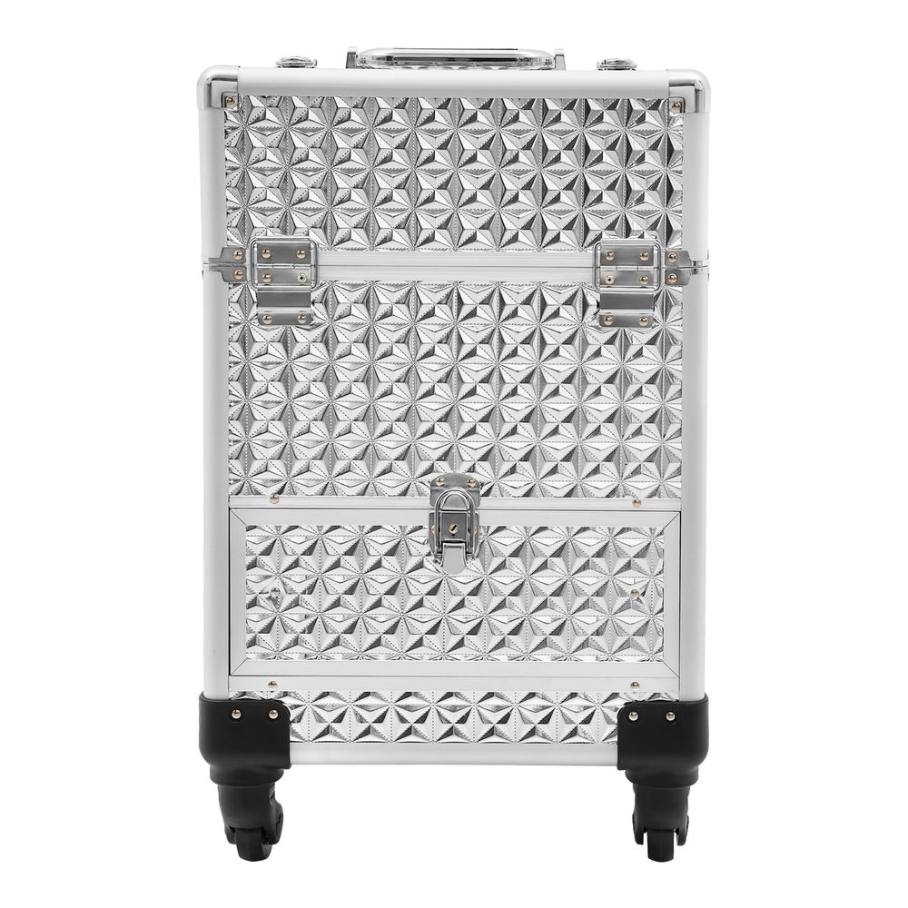GAMIGIME Rolling Makeup Case, Large Capacity Rolling Nail Case with 4 Wheels and Drawer, Cosmetic Trolley Makeup Storage Organizer for Travel Makeup, Outdoor Shooting and Cinemas (Silver)