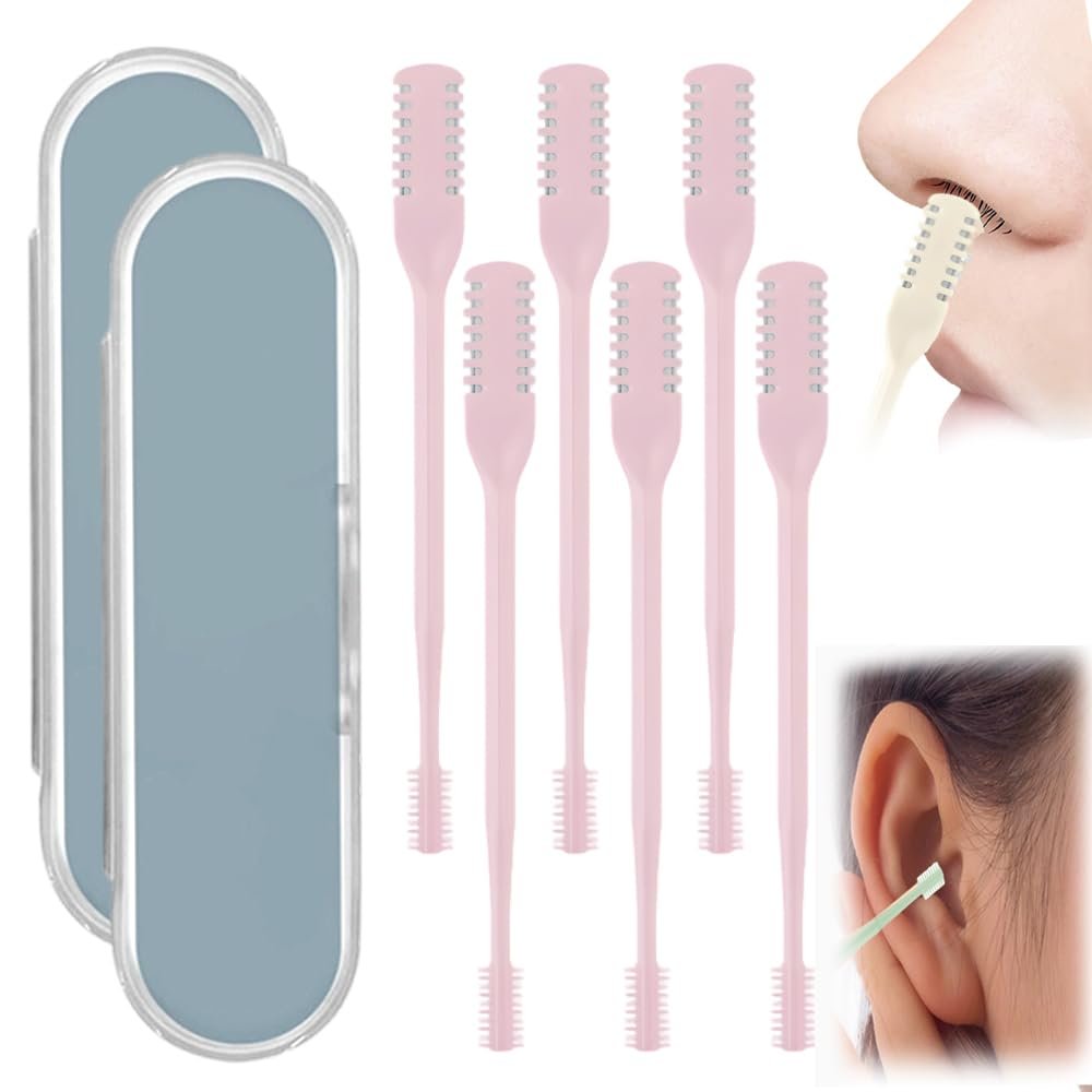 AprYew 2-in-1 Nasal Hair Cutter, Nose Hair Trimmer for Men Women, 360 Rotating Portable Manual Nose Hair Remover Tool with Ear Picker, Double Sided Noses Hairs Knife Travel Essentials (Pink, 6PC)
