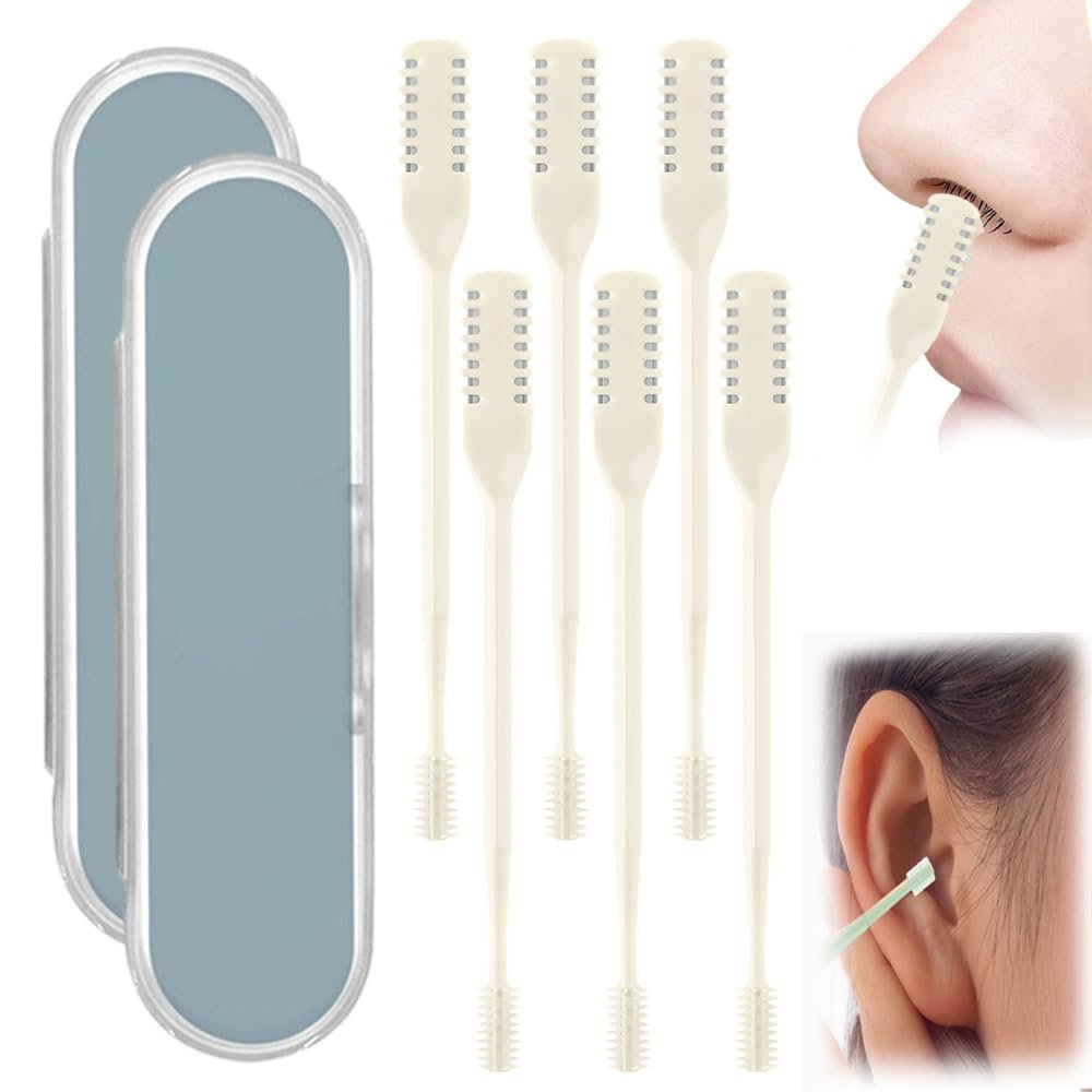 AprYew 2-in-1 Nasal Hair Cutter, Nose Hair Trimmer for Men Women, 360 Rotating Portable Manual Nose Hair Remover Tool with Ear Picker, Double Sided Noses Hairs Knife Travel Essentials (Beige, 6PC)