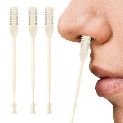 AprYew 2-in-1 Nasal Hair Cutter, Nose Hair Trimmer for Men Women, 360 Rotating Portable Manual Nose Hair Remover Tool with Ear Picker, Double Sided Noses Hairs Knife Travel Essentials (Beige, 3PC)