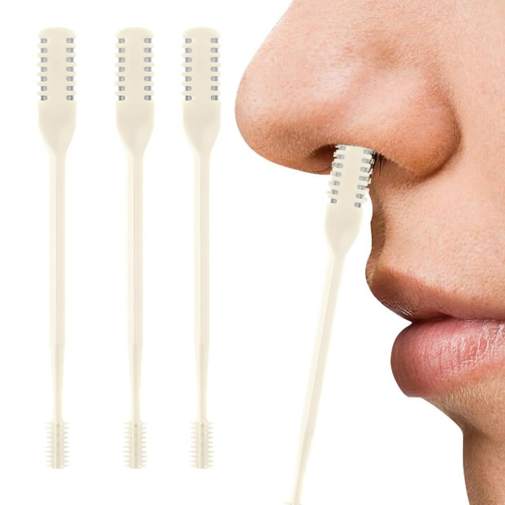 AprYew 2-in-1 Nasal Hair Cutter, Nose Hair Trimmer for Men Women, 360 Rotating Portable Manual Nose Hair Remover Tool with Ear Picker, Double Sided Noses Hairs Knife Travel Essentials (Beige, 3PC)