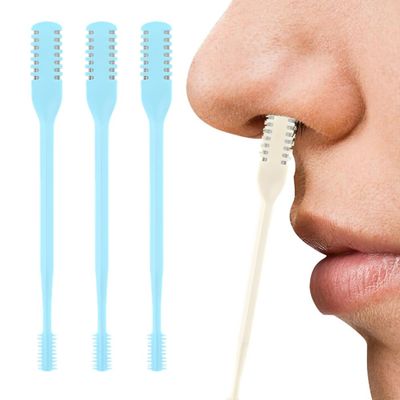 AprYew 2-in-1 Nasal Hair Cutter, Nose Hair Trimmer for Men Women, 360 Rotating Portable Manual Nose Hair Remover Tool with Ear Picker, Double Sided Noses Hairs Knife Travel Essentials (Blue, 3PC)