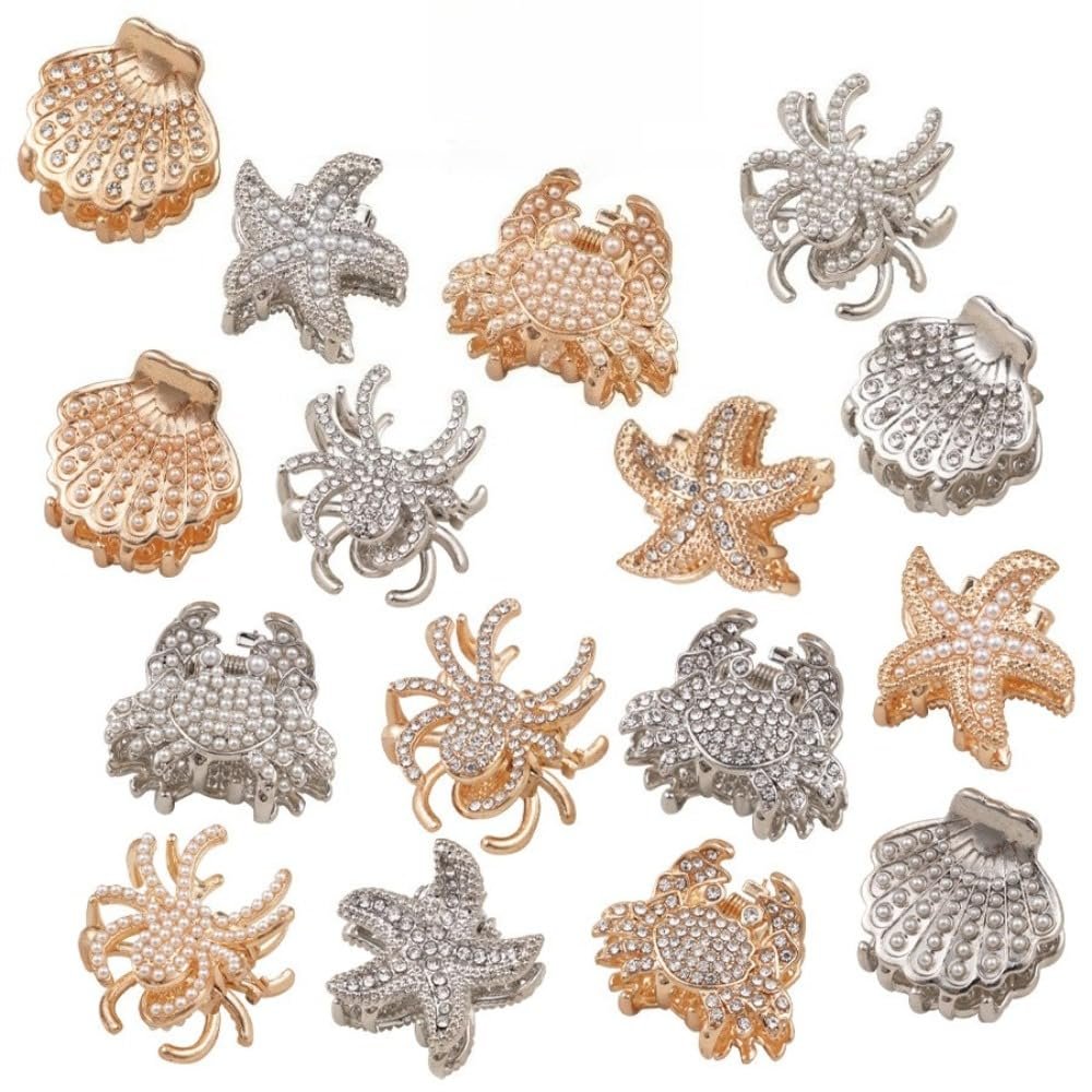16 Pcs Ocean Theme Hair Claws, Crab Shell Starfish Rhinestone Pearl Clips, Gold Silver Beach Hair Accessories for Women