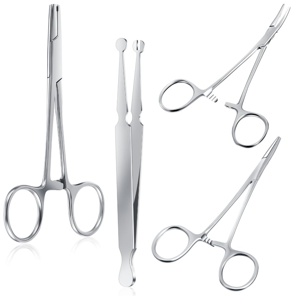 Mysora 4 Pcs Piercing Ball Grabber Tool 3mm Piercing Barbell Clamps Tool for Changing Jewelry Stainless Steel Forceps Locking Tweezers Clamps Kit for Nose Ear Lip Tongue Ball Screw Removal (Extended)