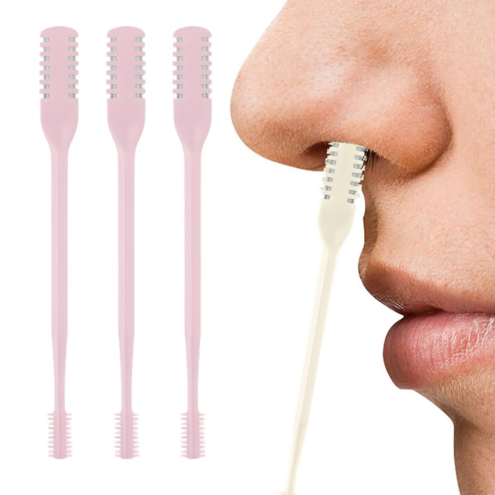 AprYew 2-in-1 Nasal Hair Cutter, Nose Hair Trimmer for Men Women, 360 Rotating Portable Manual Nose Hair Remover Tool with Ear Picker, Double Sided Noses Hairs Knife Travel Essentials (Pink, 3PC)