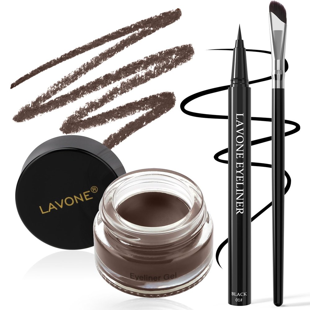 LAVONE Eyeliner Set - Waterproof Makeup Kit with Liquid Eye Liner Pencil, Gel Eyeliner and Angled Eye Liner Brush, Waterproof, Smudge Resistant, Long Lasting Formula - Espresso
