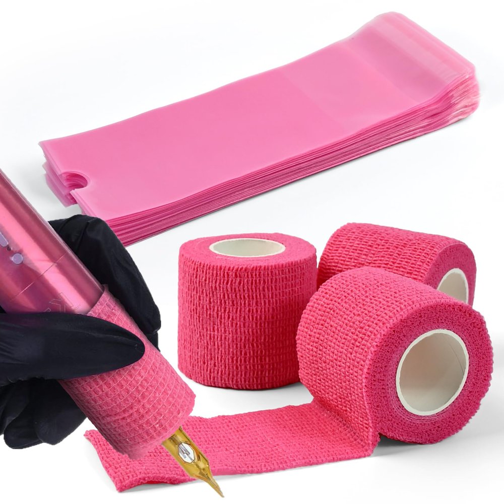 200Pcs Pink Tattoo Pen Covers & 3 Grip Tapes - Large Tattoo Machine Covers & Tattoo Tape Wrap - Tattoo Supplie