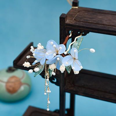 1 pcs Rabithenn Light Blue Narcissus Hairpin with Multiple Flowers and Elegant Pendant - Chinese Floral Hair Stick, Vintage Asian Hair Accessory for Women Gift (Narcissus)