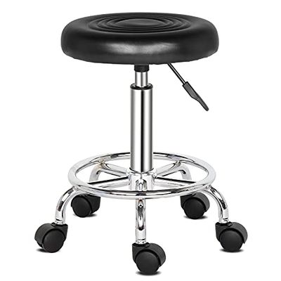 Adjustable PU Leather Round Rolling Stool with Footrest - Modern Spa, Salon, Tattoo, Drafting & Task Chair - Comfortable Height Adjustable Seating in Black