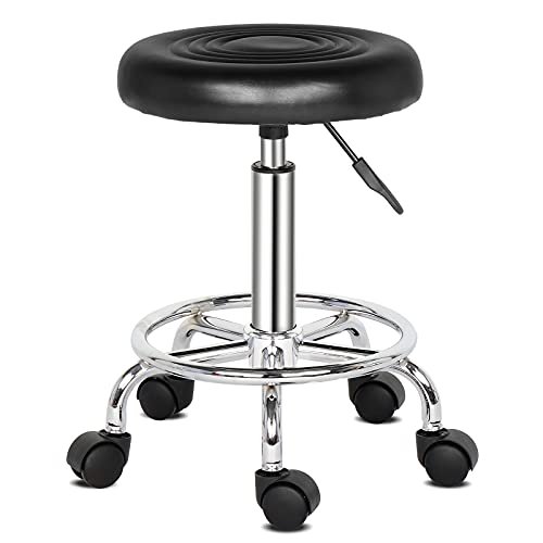 Adjustable PU Leather Round Rolling Stool with Footrest - Modern Spa, Salon, Tattoo, Drafting & Task Chair - Comfortable Height Adjustable Seating in Black