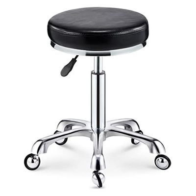 Adjustable Black Rolling Stool - 440 lb Capacity Leather Swivel Seat, Height-Adjustable Salon Stool with Silent Wheels for Home, Office & Beauty Salon Use
