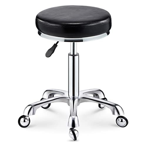 Adjustable Black Rolling Stool - 440 lb Capacity Leather Swivel Seat, Height-Adjustable Salon Stool with Silent Wheels for Home, Office & Beauty Salon Use