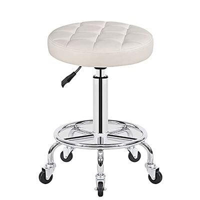 Adjustable Round Rolling Stool with Wheels & Foot Rest - Swivel Leather Bar & Salon Stool for Estheticians, Vanity Use, Height Adjustable, Comfortable & Stylish