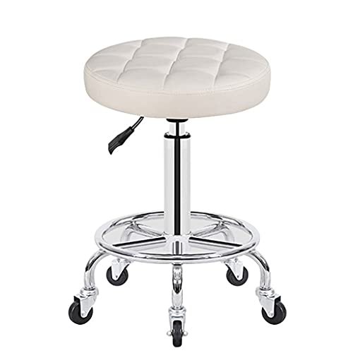 Adjustable Round Rolling Stool with Wheels & Foot Rest - Swivel Leather Bar & Salon Stool for Estheticians, Vanity Use, Height Adjustable, Comfortable & Stylish