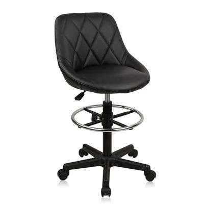 Adjustable Height PU Leather Rolling Stool - Ergonomic Swivel Vanity Chair for Office, Makeup, Salon & Spa - Black Low Back Desk Stool, 1 Pack