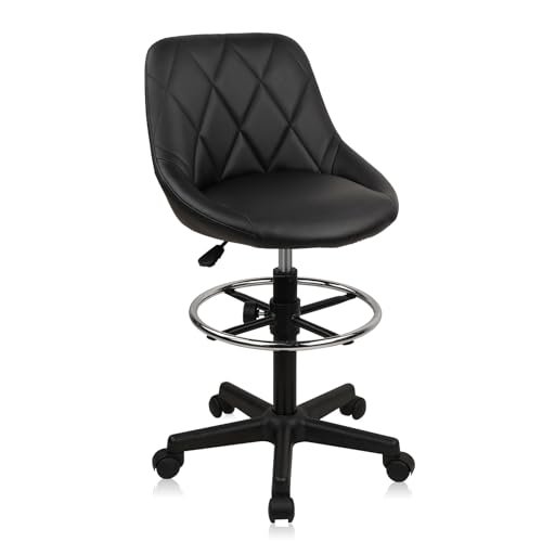 Adjustable Height PU Leather Rolling Stool - Ergonomic Swivel Vanity Chair for Office, Makeup, Salon & Spa - Black Low Back Desk Stool, 1 Pack