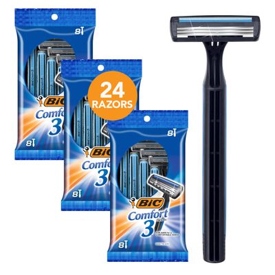 BIC Comfort 3 Disposable Razors, Long-Lasting 3-Blade Razors for Men, Perfect razors Designed for Smooth and Comfortable Shave, 24-Count (Pack of 12)
