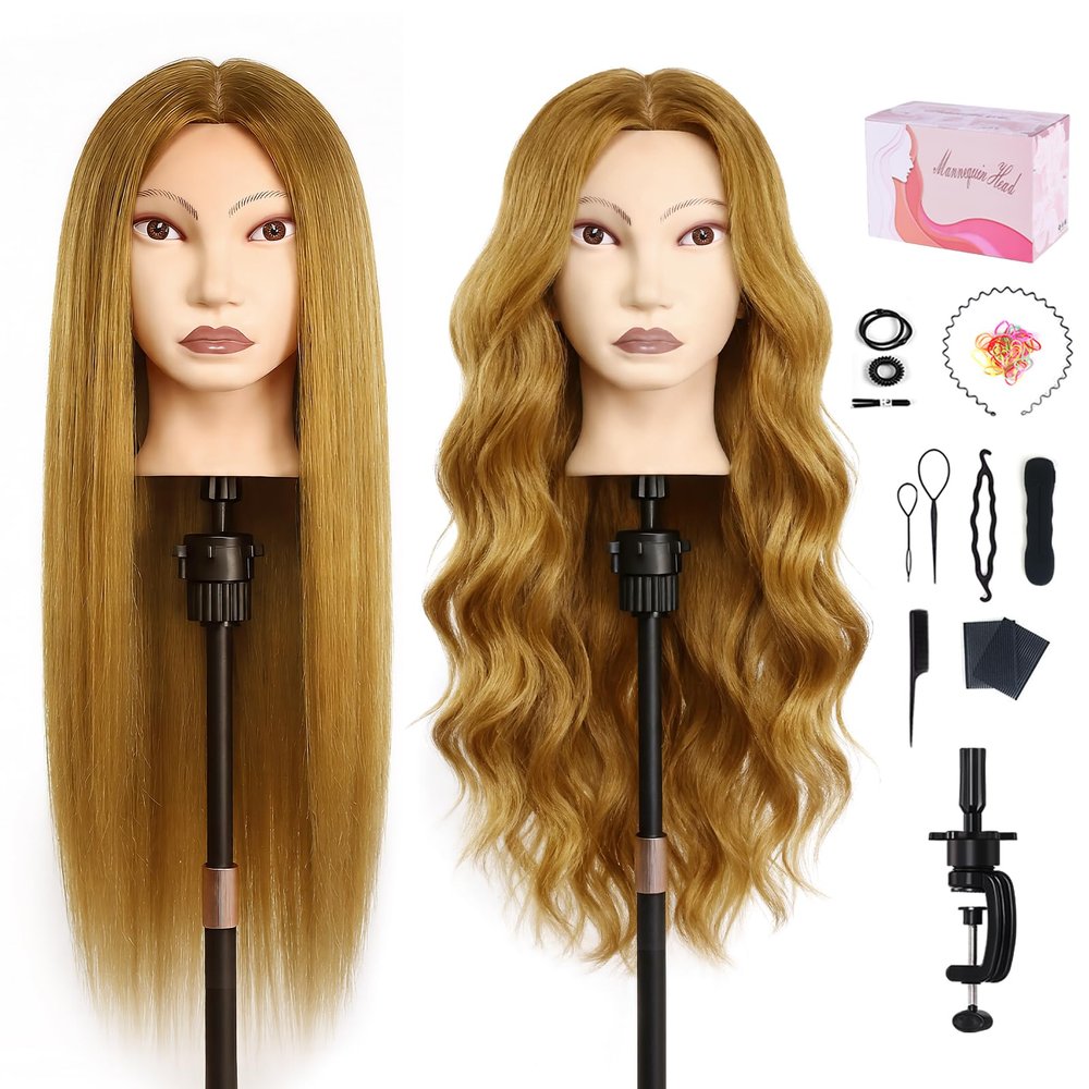 26" Mannequin Head Human Hair, MYSWEETY Cosmetology Mannequin Head with 80% Human Hair, Practice Training Doll Head with Clamp Holder and Tools (Golden)