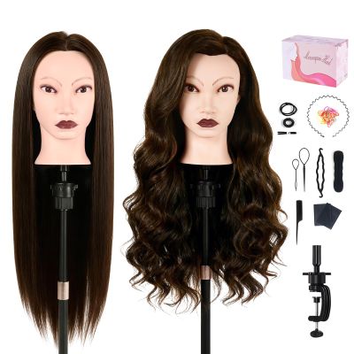 26" Mannequin Head Human Hair, Cosmetology Mannequin Head with 80% Human Hair, Practice Training Doll Head with Clamp Holder and Tools (Dark Brown)