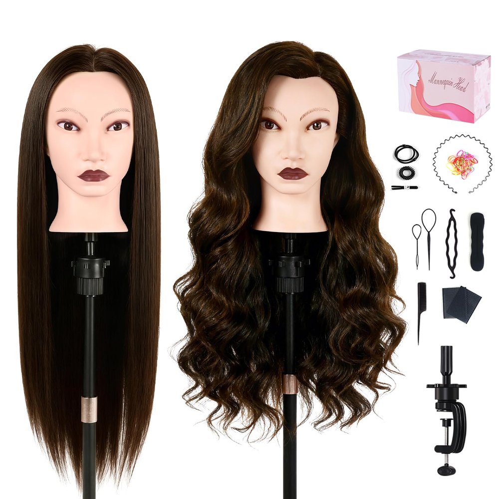 26" Mannequin Head Human Hair, Cosmetology Mannequin Head with 80% Human Hair, Practice Training Doll Head with Clamp Holder and Tools (Dark Brown)