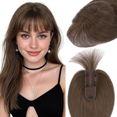 Hairro Human Hair Toppers For Women Wispy Air Bangs 3D Cover Remy Top Hair Pieces Clip On Wiglet Hair Extensions Handmade Toupee Hairpiece 12 Inch 41g #02 Dark Brown